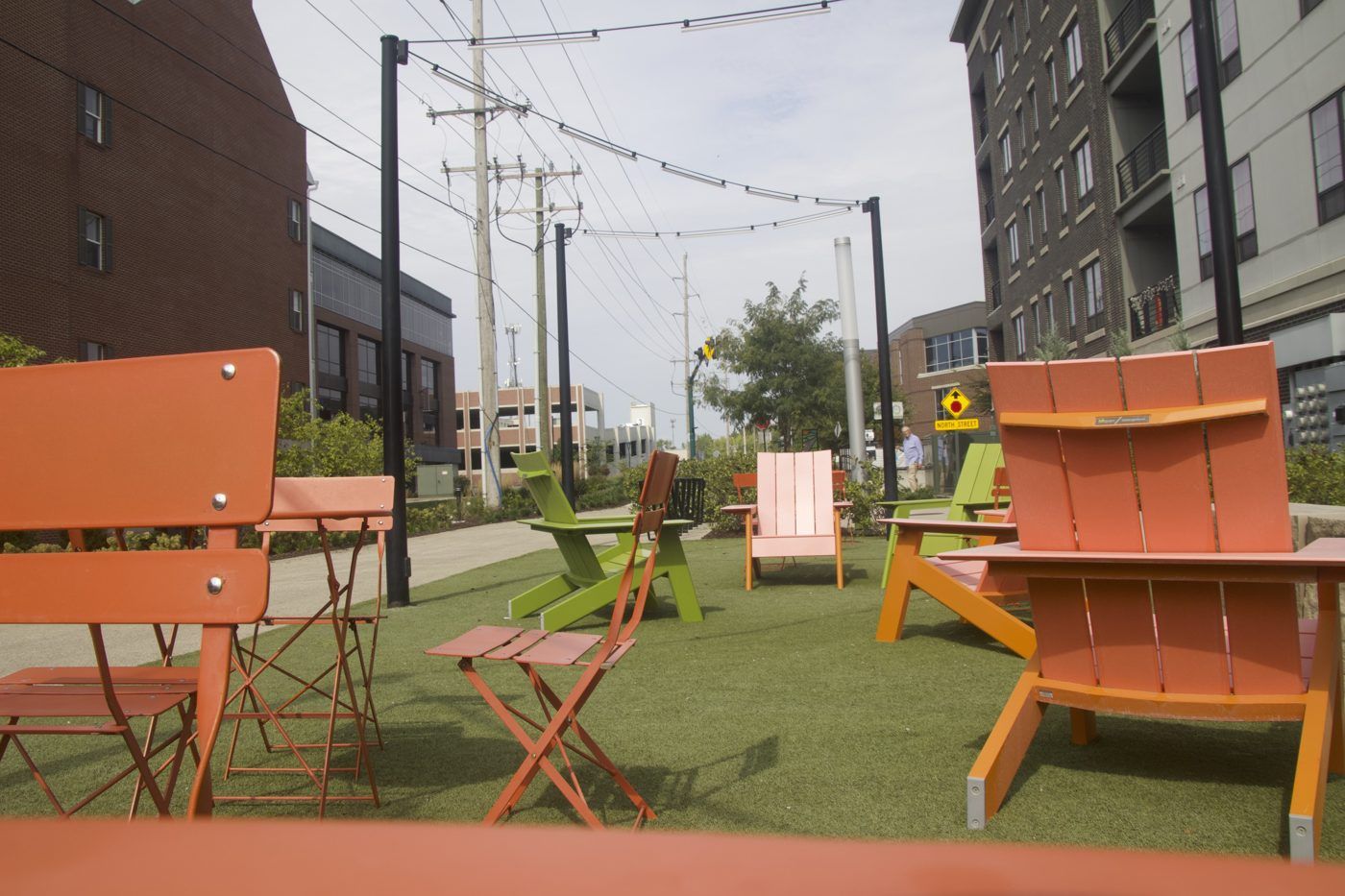 Orange chairs along the Nickel Plate Trail
