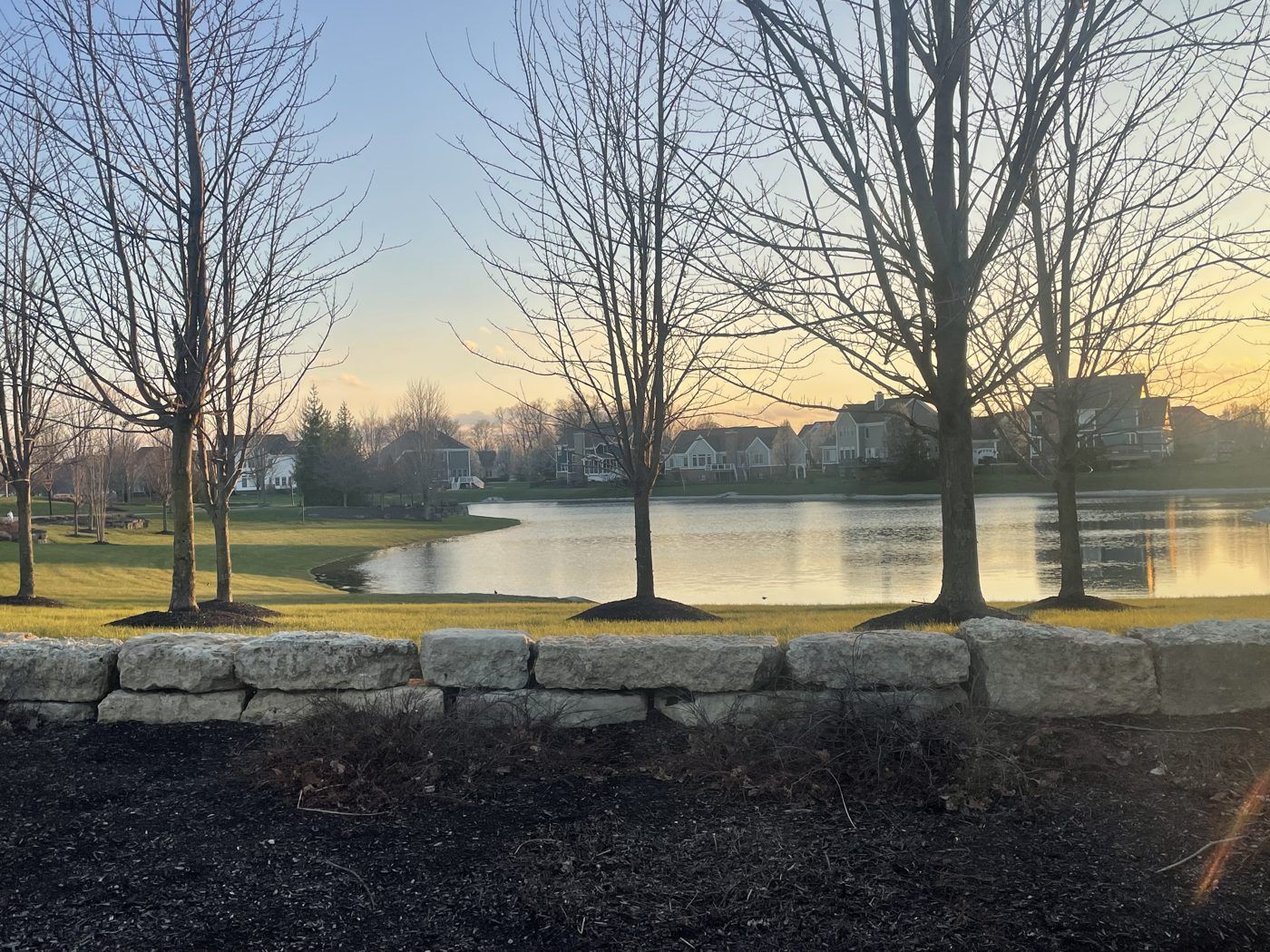 Sunset over the pond in Anderson Hall, Fishers, in the fall